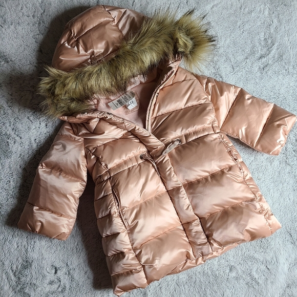 Baby GAP long pink puffer w/ removable faux fur - Picture 1 of 4